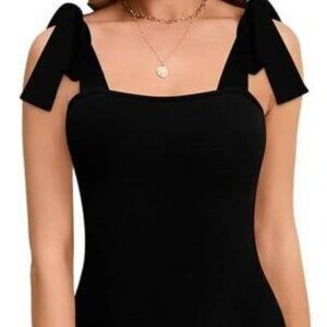 MANGOPOP Women's L Square Neck Sleeveless Tank Top Tie Shoulder Shaper Bodysuit